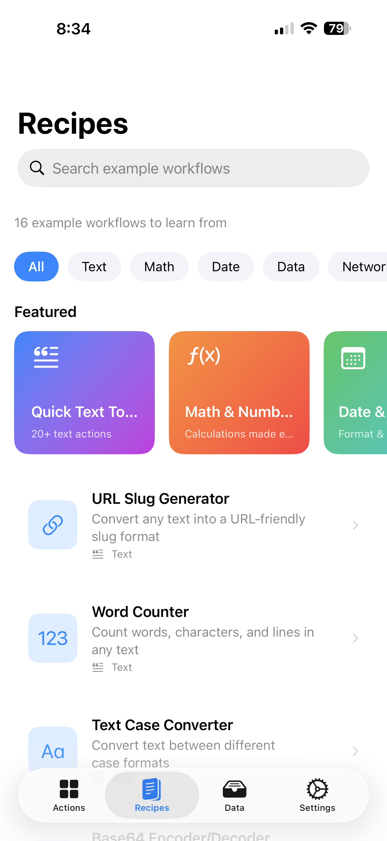 LudyActions Recipes tab showing 16 example workflows
