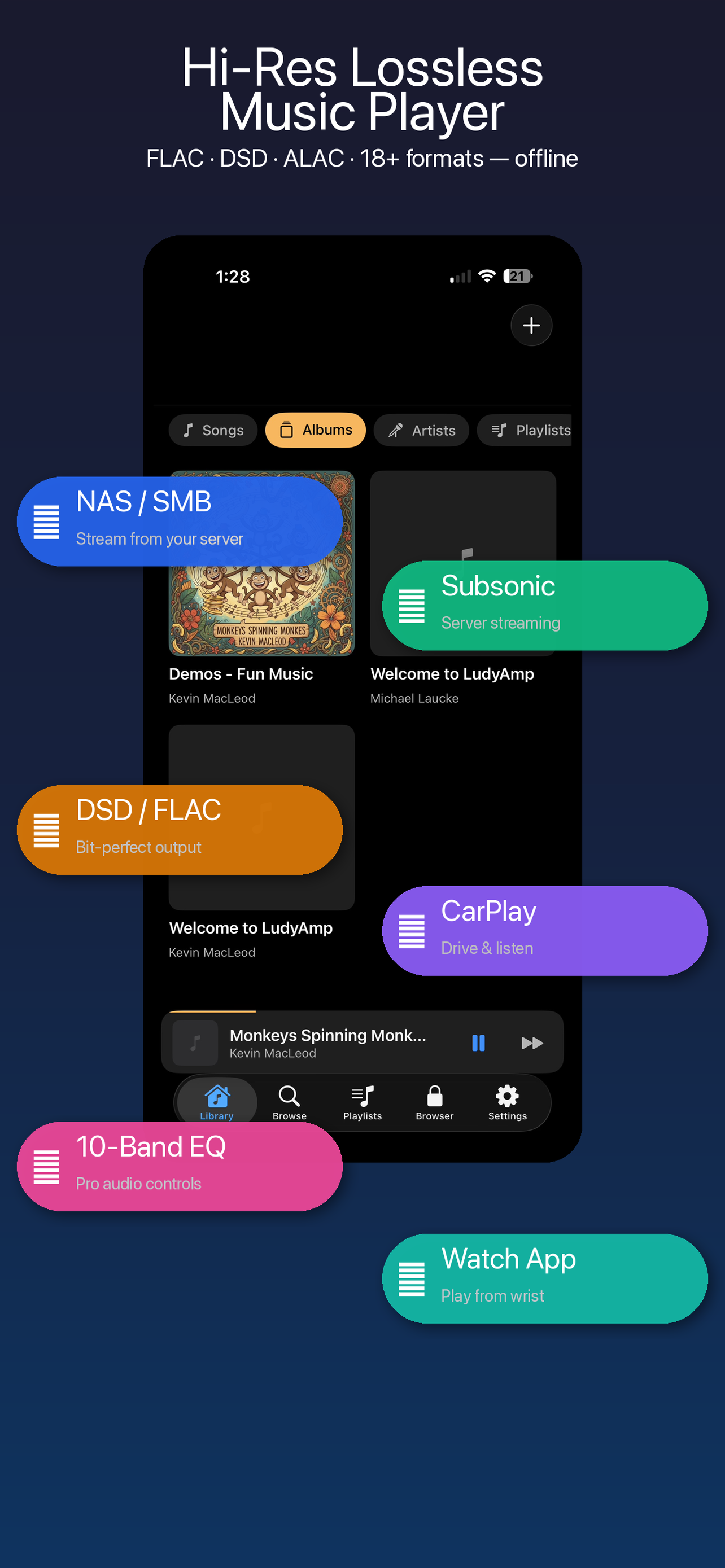 LudyAmp music player showing library with NAS streaming, DSD/FLAC support, CarPlay, 10-Band EQ, and Apple Watch features