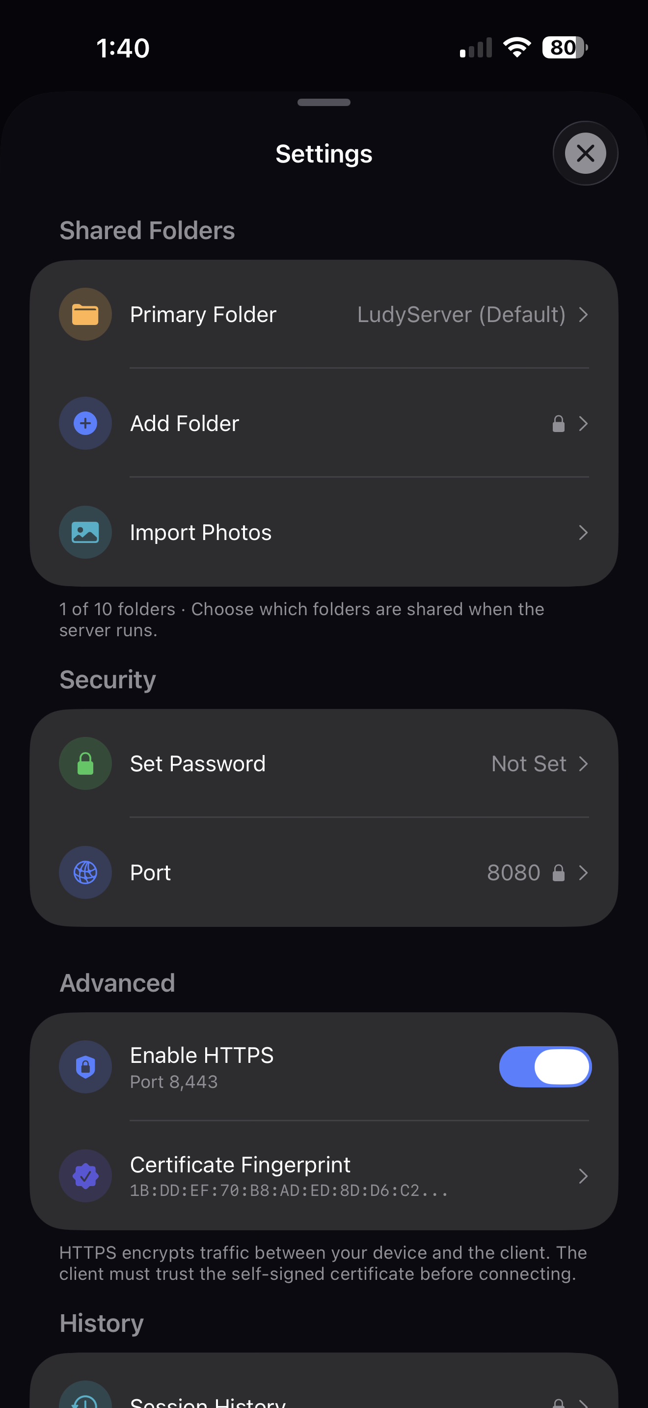 LudyServer Settings - Shared folders, password, port, and HTTPS configuration